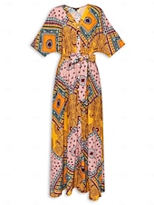 フォークプリント Vネックマキシドレス お買い得  プリントカジュアルドレス-フォークプリント Vネックマキシドレス