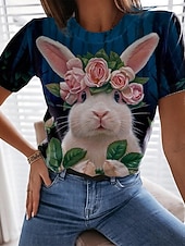 Women's Bunny Rose Crown T-shirt Blue Floral Crew Neck Stretch Casual Everyday Spring Summer Wear Multiple Sizes 8