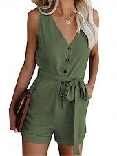 abordables grenouillère-combinaison femme sans manches col en V boutonné devant noué à la taille couleur unie lin style décontracté élégant été printemps tenue une pièce