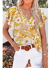 abordables Hauts Unis pour Femmes-chemisier femme mode imprimé floral à volants sans manches hauts réguliers col en V décontracté vacances noir blanc jaune rouge bleu été