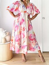 levne Elegantní květinové šaty-dámské ležérní šaty květinový potisk listů v krku dlouhé šaty maxi šaty dovolená krátký rukáv léto