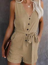 abordables grenouillère-combinaison femme sans manches col en V boutonné devant noué à la taille couleur unie lin style décontracté élégant été printemps tenue une pièce