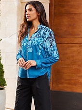 baratos camisas, tops e blusas-blusa manga longa com babados florais