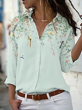 billige Kvinne Grafiske Topper-dameskjorte bluse mote blomsterknapper med lange ermer vanlige topper skjortekrage uformell ferie rosa blå grønn vår &amp;amp;  falle