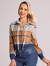 billiga Kvinnors randiga och geometriska toppar-Dam skjorta mode rutigt knappar tryck lång ärm vanlig topp skjortkrage casual röd blå khaki grå vår  höst