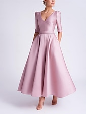 levne Koktejlové šaty-A-line svatební host šaty koktejlové šaty plážová svatba elegantní šaty formální svatební host čajová délka polotričko V výstřih satén s kapsou šaty