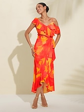 abordables Robe de cocktail-Robe mi-longue à basque pour femmes, tenue d&#039;invité de mariage, violet, orange, manches courtes, volants fleuris, cravate sur le devant, printemps &amp;amp; été asymétrique romantique s m l