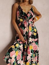 preiswerte Kleider für die Ferien-Damen Freizeitkleid Unterkleid Blumen rückenfrei Print Träger langes Kleid Maxikleid Hawaii Urlaub Strand ärmellos Sommer