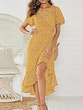 abordables Robes fleuries élégantes-robe décontractée pour femme robe portefeuille à pois à lacets à volants col en V robe longue robe maxi vacances manches courtes été
