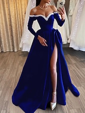 abordables NOIR-Robe de soirée A-Line noire robe formelle de masquerade traîne balayée  traîne brossée manches longues hors épaule en satin avec perles fente