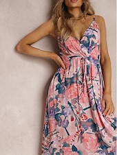 preiswerte Kleider für die Ferien-Damen Freizeitkleid Unterkleid Blumen rückenfrei Print Träger langes Kleid Maxikleid Hawaii Urlaub Strand ärmellos Sommer