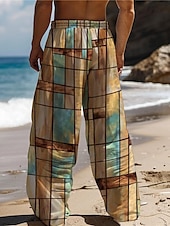 billiga Casual byxor med tryck för män-Herr Hawaiisk Färgblock Pläd / Rutig Blandad färg Byxor 3D-tryck Byxor med raka ben Medium Midja Dragsko Elastisk midja Utomhus Gata Helgdag Sommar Vår Höst Slapp form Microelastisk