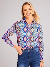 economico Top a Righe e Geometrici per Donne-Camicia da donna basic neon e bottoni geometrici stampa maniche lunghe top regolare colletto casual blu marrone verde primavera autunno