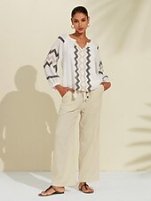 economico camicie, top e camicette-top con scollo a V e maniche a sbuffo geometriche