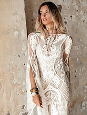 cheap Casual Wedding Dresses-Beach Open Back Boho  Simple Wedding Dress Mermaid V Neck Long Sleeve Sweep / Brush Train Lace Bridal Gowns With Pattern 2025