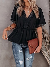 voordelige Elegante topjes-Overhemd Kanten overhemd Blouse Wit kanten overhemd Dames Zwart Wit Effen Kant Soepelvallende tuniek Straat Dagelijks Modieus V-hals Normale pasvorm S