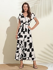 זול Jumpsuits-סרבל גיאומטרי עם שרוך עם כפתור