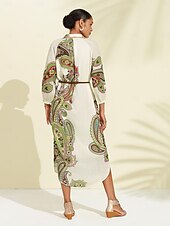 שמלת חולצת מידי בחגורת פייזלי בוהו זול הדפס שמלת קז'ואל-שמלת חולצת מידי בחגורת פייזלי בוהו