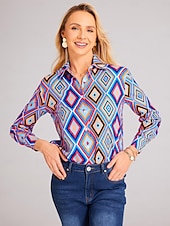 economico Top a Righe e Geometrici per Donne-Camicia da donna basic neon e bottoni geometrici stampa maniche lunghe top regolare colletto casual blu marrone verde primavera autunno