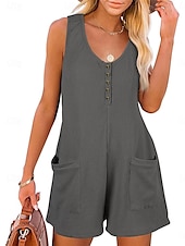 billiga Rompers-Dam Vanligt Jumpsuits Streetwear Ensfärgat Ärmlös V-hals Knappar Ficka Gata Dagligen Normal Svart Rodnande Rosa Vin Sommar