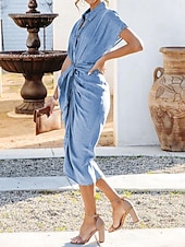 abordables Robes de travail-Robe chemise Femme Robe mi-longue Bureau Rendez-vous Jean Classique Col de Chemise Lacet Bouton Manche Courte Eté Printemps Mince Bleu Plein S M L XL