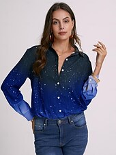 economico Top d&#039;Arte e Design per Donne-Camicia da Donna Basic Stampa Bottoni Maniche Lunghe Regular Tops Collo della Camicia Casual Giornaliero Blu Grigio Primavera Autunno