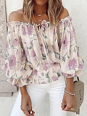 cheap Sexy Tops-Women&#039;s Shirt Blouse Floral Fashion Long Sleeve Cold Shoulder Off Shoulder Regular Tops Casual Holiday Lace up Buttons Print White Pink Blue Beige Summer