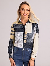 preiswerte Damen Streifen- und geometrische Oberteile-Damenhemd Langarm Knopfbluse Modisch Farbblock Druck Reguläre Tops Hemd Kragen Lässig Gelb Pink Blau Frühling  Herbst