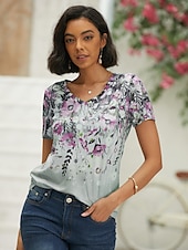 cheap Floral tee-Women&#039;s T Shirt Basic Floral Print Short Sleeve Regular Tops V Neck Holiday Weekend Pink Blue Green