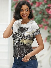 cheap Animals tee-Women&#039;s T shirt Tee Black White Blue Graphic Cat Print Short Sleeve Daily Weekend Vintage Round Neck Regular 3D Cat Painting S