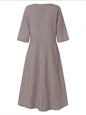 preiswerte Kleider aus Baumwolle und Leinen entwerfen-Damen Schwarz Blau Grau Sommer Frühling Midikleid Baumwoll-Leinen-Kleider Freizeitkleid Baumwoll-Sommerkleid Basic Modern Täglich Wochenende Lässiger Schnitt Einfach V-Ausschnitt