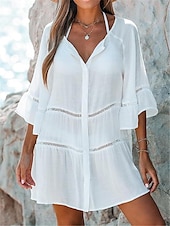 cheap Design Cotton &amp; Linen Dresses-Women&#039;s Mini Dress Linen-Inspired Dresses White Dress Casual Dress Summer Dress Basic Vacation Holiday Beach Loose Fit 3/4 Length Sleeve V Neck White Summer