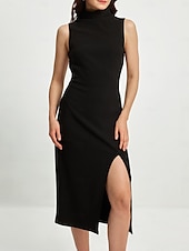 ieftine rochie midi neagra-rochie neagra dama rochie fara maneci cu crapatura inalta rochie de petrecere midi cu gat inalt