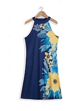 abordables Robes Floraux Imprimés-Femme Robe d&#039;été Robe à col licou Robe imprimée Actif Mode Vêtement de rue Extérieur Vacances du quotidien Standard Cachemire Sans Manches Dos nu Jaune Bleu Roi Bleu Bleu de minuit Eté Printemps
