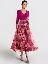 voordelige Vloerlengte-Strand Bruiloft A-Lijn Moeder van de Bruid Jurk Formele Bruiloft Gast Elegante Scoop Hals V-Hals Enkel Lengte Chiffon Geleverd Rekstof 3/4 Lengte Mouw met Bloem Bruiloft Gast Jurk 2025