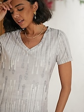 baratos Camiseta lisa-Mulheres Camiseta Listrado Básico Clássico Estampado Manga Curta Decote V Tops regulares Casual Feriado Final de semana Imprimir Branco Cinzento Verão Primavera