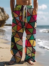 billiga Casual byxor med tryck för män-Herr Hawaiisk Färgblock Pläd / Rutig Blandad färg Byxor 3D-tryck Byxor med raka ben Medium Midja Dragsko Elastisk midja Utomhus Gata Helgdag Sommar Vår Höst Slapp form Microelastisk