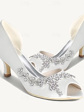 cheap Bridesmaid-Women's Wedding Shoes Bling Bling Sparkling Shoes Bridal Shoes Rhinestone Kitten Heel Peep Toe Elegant Satin Loafer Silver White Ivory