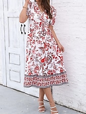 preiswerte Elegante Blumenkleider-Damen Midikleid Casual kleid Schaukelkleid A Linie Kleid Sommerkleid Strassenmode A-Linie Urlaub Strasse Festtage Regular Fit Blumen Kurzarm V Ausschnitt Schwarz Rote Blau Grün Sommer