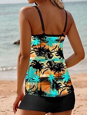 halpa Tankini-uimapuvut-Naisten uimapuvut Tankini 2-osainen uimapuku lomasi palmunlehti olkaimeton uimapuku