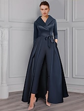 abordables Combinaisons pour maman-Combinaison  Tailleur Mère de la Mariée Tuxedo Invité de Mariage Élégant Party Simple Col Chemise Longueur Cheville Satin Manches 3/4 avec Nœud(s) 2025 taille personnalisée gratuite