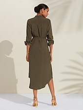 economico vestito casual-Abito camicia midi casual con bottoni in raso e allacciatura