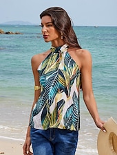 cheap Tank Tops &amp; Camis-Women&#039;s Halter Crisscross Tank Leaf Leaves Boho Beach Sleeveless Halter Neck Casual Going out Beach Backless Bow Grass Green Spring &amp; Summer