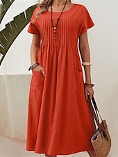 voordelige ontwerp katoenen en linnen jurken-Dames Rood Marineblauw Groen Zomer Lente Halflange jurk Linnen-geïnspireerde jurken Casual jurk Katoenen linnen jurk Vakantie Basic Modern Dagelijks Weekend Ruim Passend Effen Strakke ronde hals