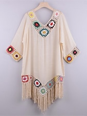 ieftine Rochii de plajă-Pentru femei Rochie albă Rochie Mini Bufantă Peteci Vacanță Plajă Sexy Boho În V Lungime Manșon 3/4 Negru Alb Roșu-aprins Culoare