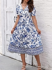 preiswerte Elegante Blumenkleider-Damen Midikleid Casual kleid Schaukelkleid A Linie Kleid Sommerkleid Strassenmode A-Linie Urlaub Strasse Festtage Regular Fit Blumen Kurzarm V Ausschnitt Schwarz Rote Blau Grün Sommer