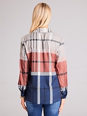 billiga Kvinnors randiga och geometriska toppar-Dam skjorta mode rutigt knappar tryck lång ärm vanlig topp skjortkrage casual röd blå khaki grå vår  höst