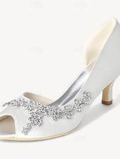 cheap Bridesmaid-Women's Wedding Shoes Bling Bling Sparkling Shoes Bridal Shoes Rhinestone Kitten Heel Peep Toe Elegant Satin Loafer Silver White Ivory