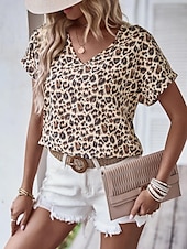 levne tričko umění a designu-Dámské Tričko Leopard Módní Krátký rukáv Do V Běžné topy Ležérní Denní Tisk Hnědá Léto