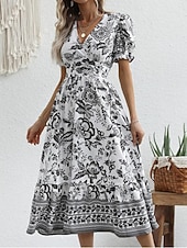 preiswerte Elegante Blumenkleider-Damen Midikleid Casual kleid Schaukelkleid A Linie Kleid Sommerkleid Strassenmode A-Linie Urlaub Strasse Festtage Regular Fit Blumen Kurzarm V Ausschnitt Schwarz Rote Blau Grün Sommer